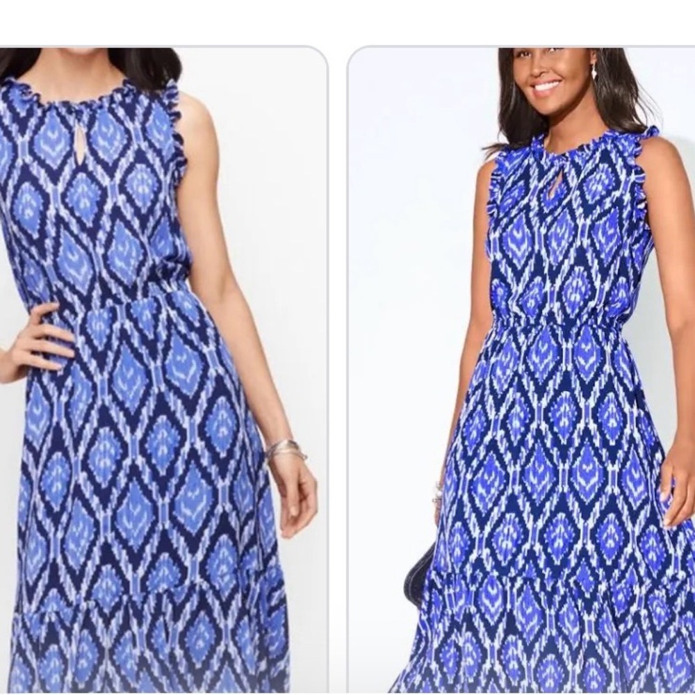 Talbots blue ikat ruffled dress 14wp